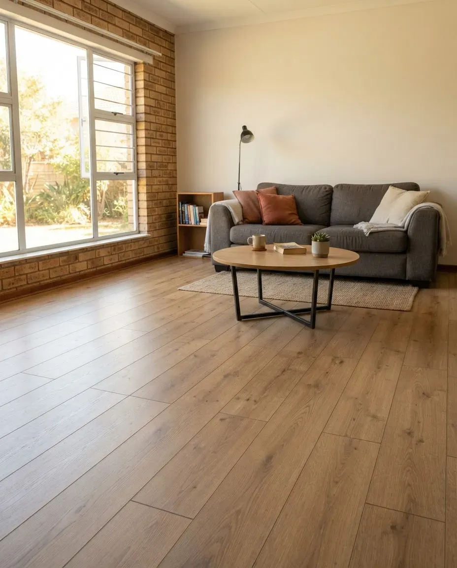 Finished Sandy Oak style laminate floor in a bright lounge setting