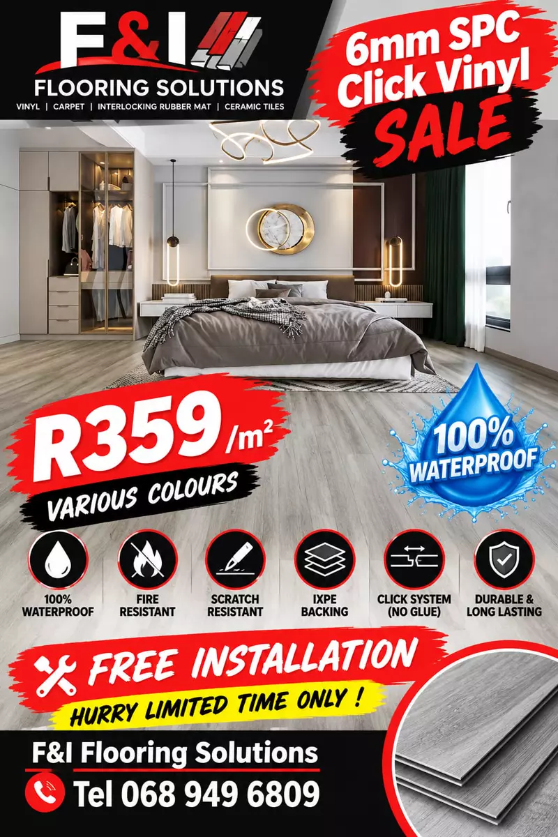 F&I vinyl flooring sale flyer showing a bedroom interior and promotional pricing