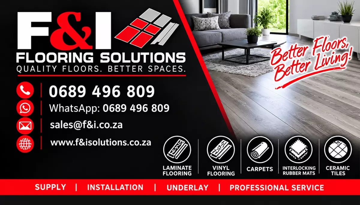 F&I Flooring Solutions general services flyer showing a modern living room interior
