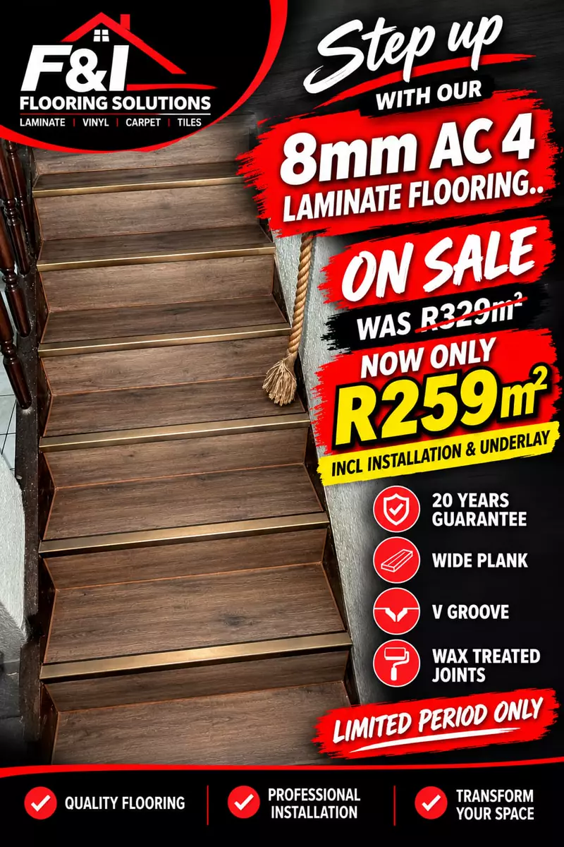 F&I laminate flooring sale flyer showing wooden stairs and promotional pricing